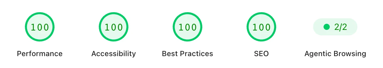PageSpeed Insights, desktop: Performance 100, Accessibility 100, Best Practices 100, SEO 100, Agentic Browsing 2 of 2.