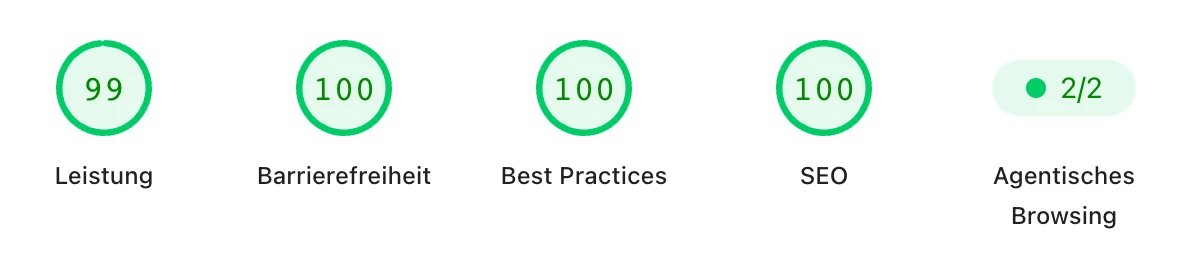 PageSpeed Insights, Mobil: Leistung 99, Barrierefreiheit 100, Best Practices 100, SEO 100, Agentisches Browsing 2 von 2.