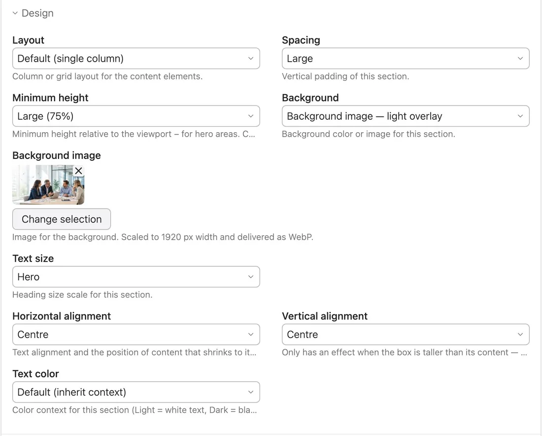 The “Design” panel on a Contao article: layout, background, minimum height, text colour and alignment as select menus.