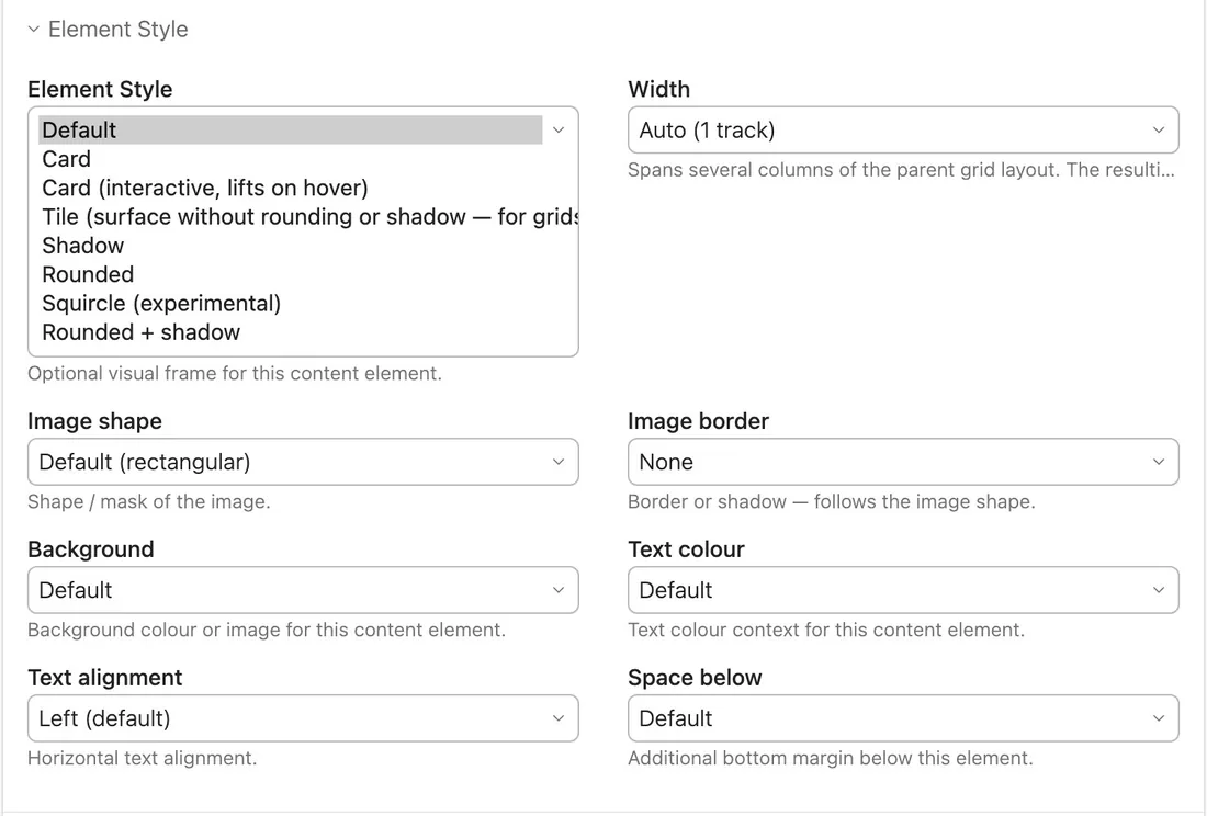 The “Element Style” panel on a single content element.