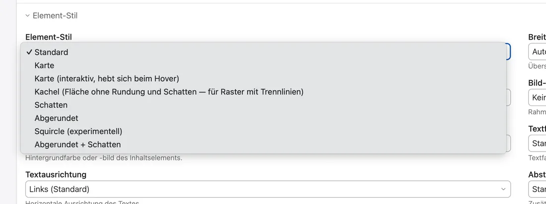Das Register „Element-Stil“ an einem einzelnen Inhaltselement.