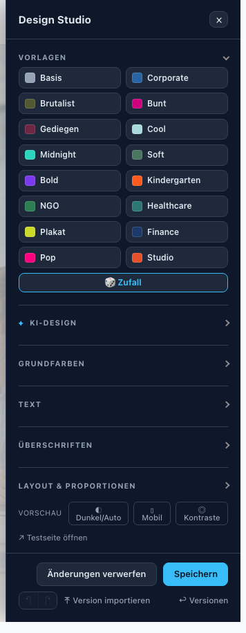 Das geöffnete Design Studio mit der Liste der Regler-Gruppen