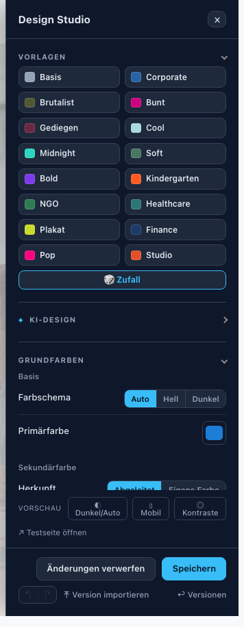 Die aufgeklappte Gruppe „Grundfarben“ im Design Studio