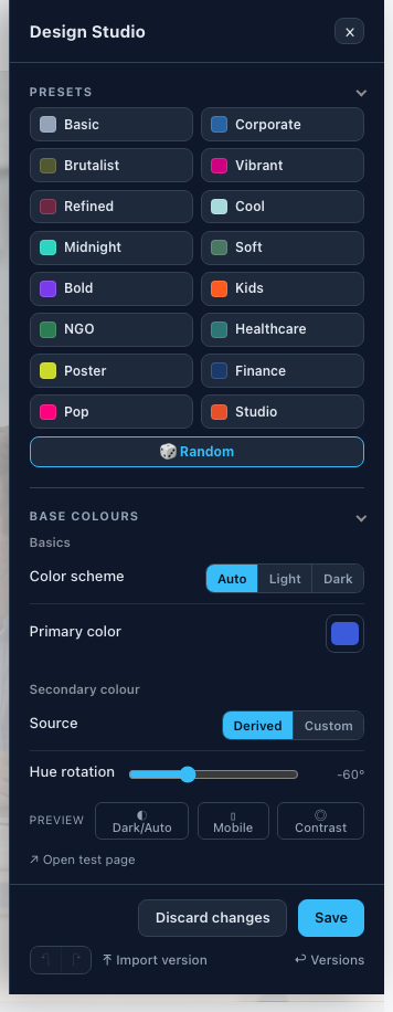 The expanded “Base colours” group in the Design Studio