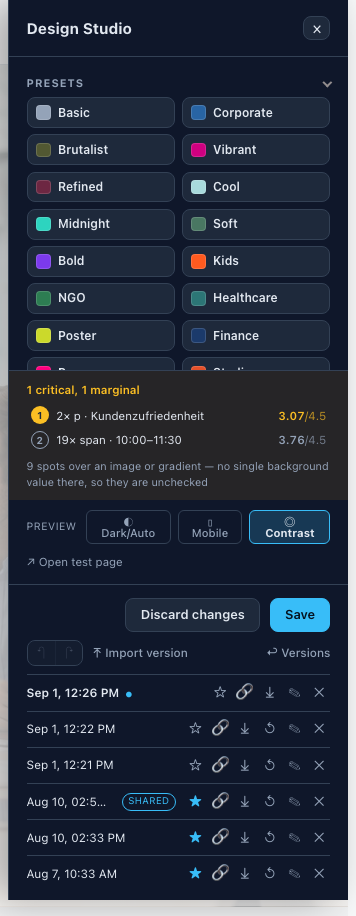 The version list in the Design Studio with pin, share and restore icons on each row