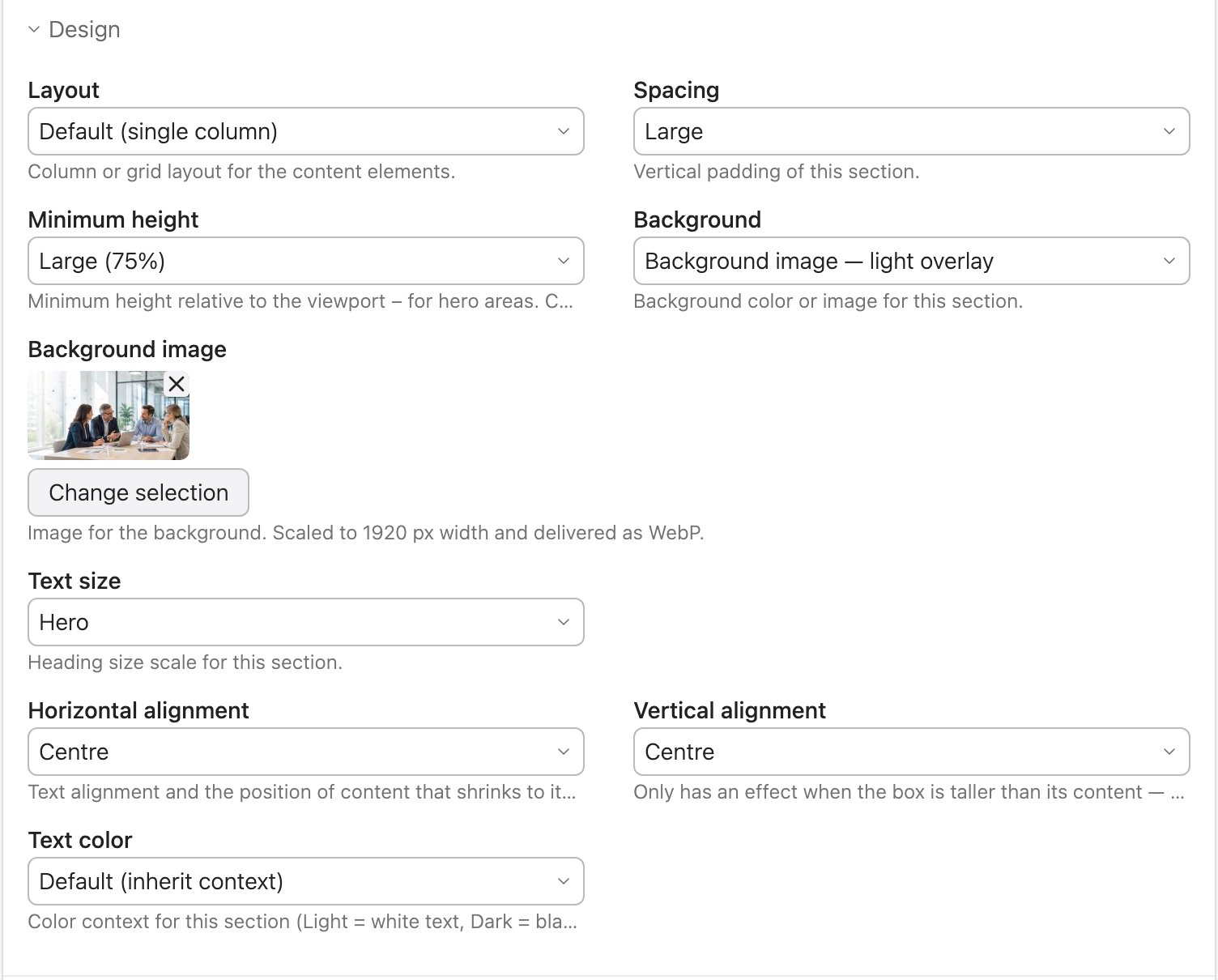 The “Design” panel on a Contao article with the section fields